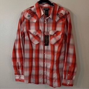 NWT WRANGLER RETRO Western Shirt Pearl Snap Plaid Small Southwestern Embroidery